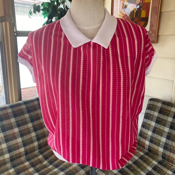Vintage 80s striped pink sport polo peter pan collar size s/m - Picture 6 of 7